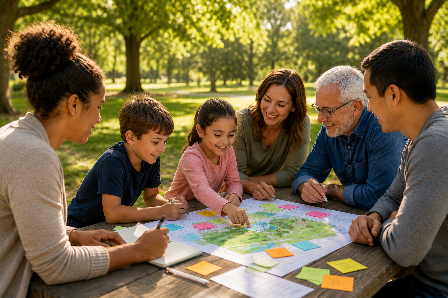 A diverse group of adults and children collaborate around a picnic table in a green park, reviewing a site plan and sharing ideas during a community playground planning meeting surrounded by trees and open space.